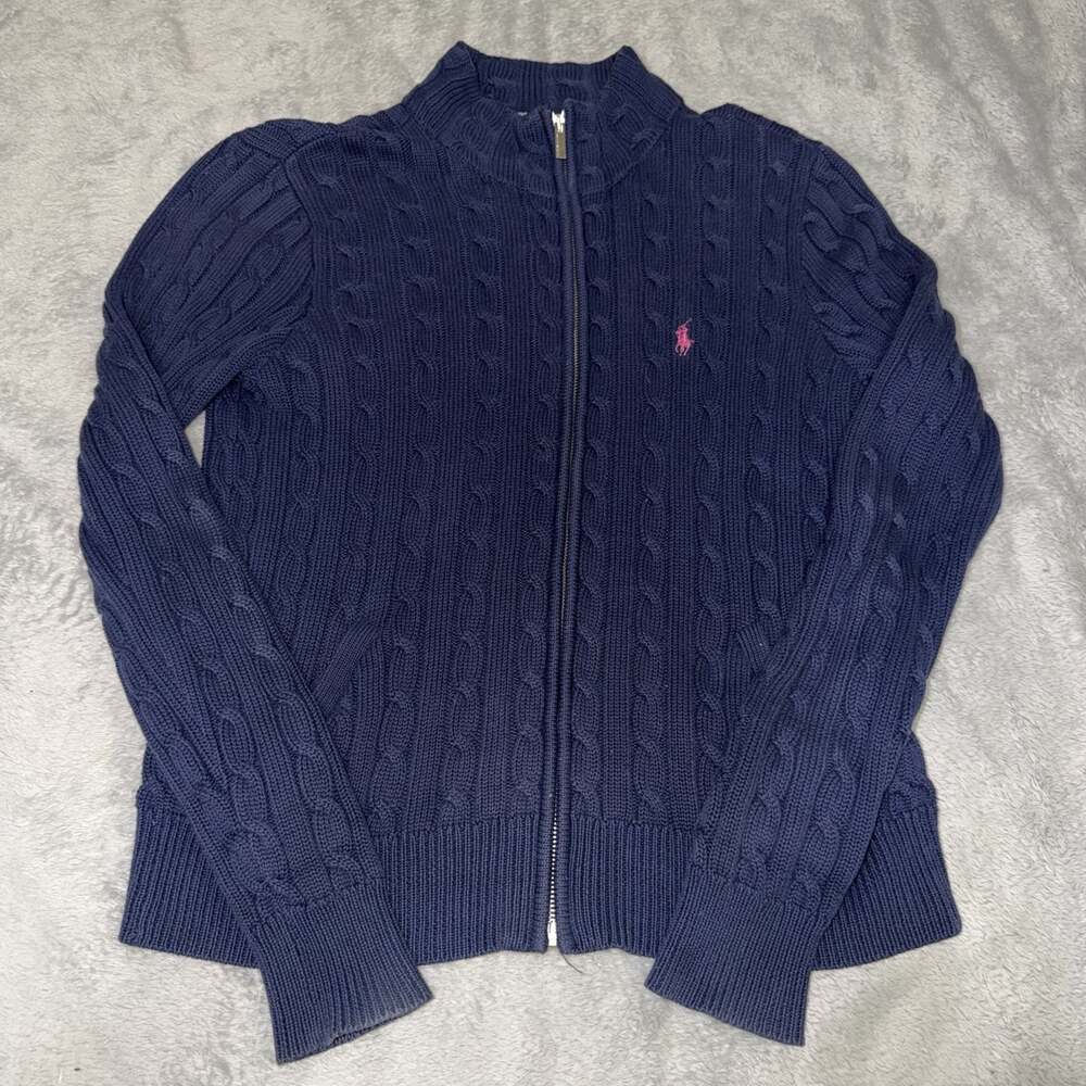 Ralph Lauren Sport Cable Knit Full Zip Sweater Womens L Navy Pink Pony Cotton
